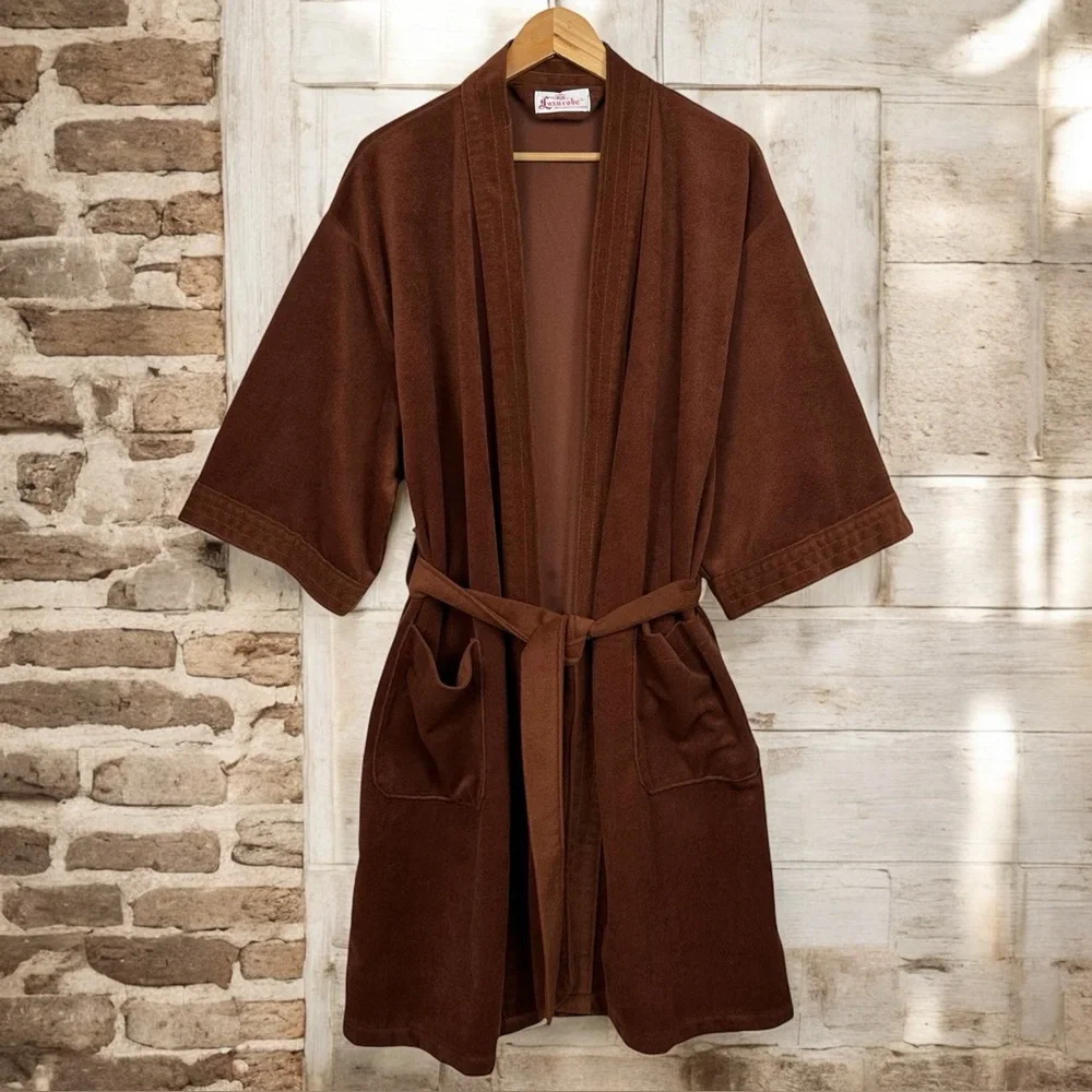 Luxurobe Vintage New York Velour Chocolate Brown Bath Robe Smoke Coat Jacket